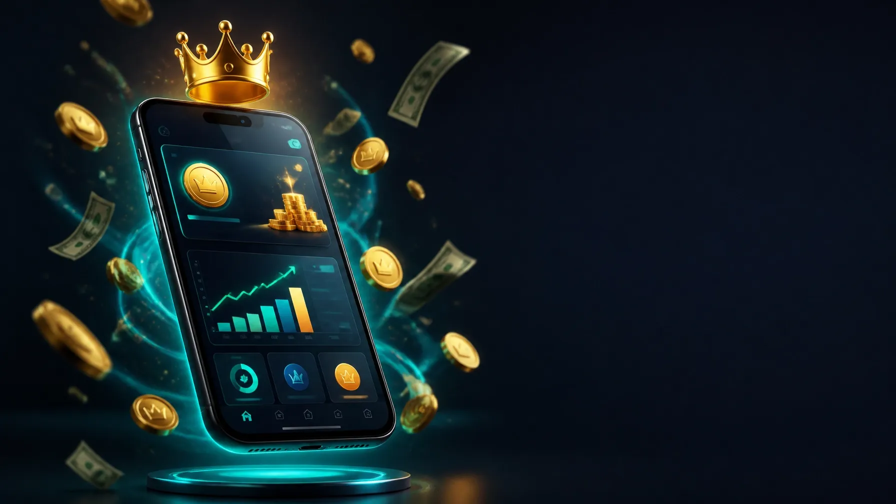 A phone showing a money-earning dashboard surrounded by floating gold coins and a crown
