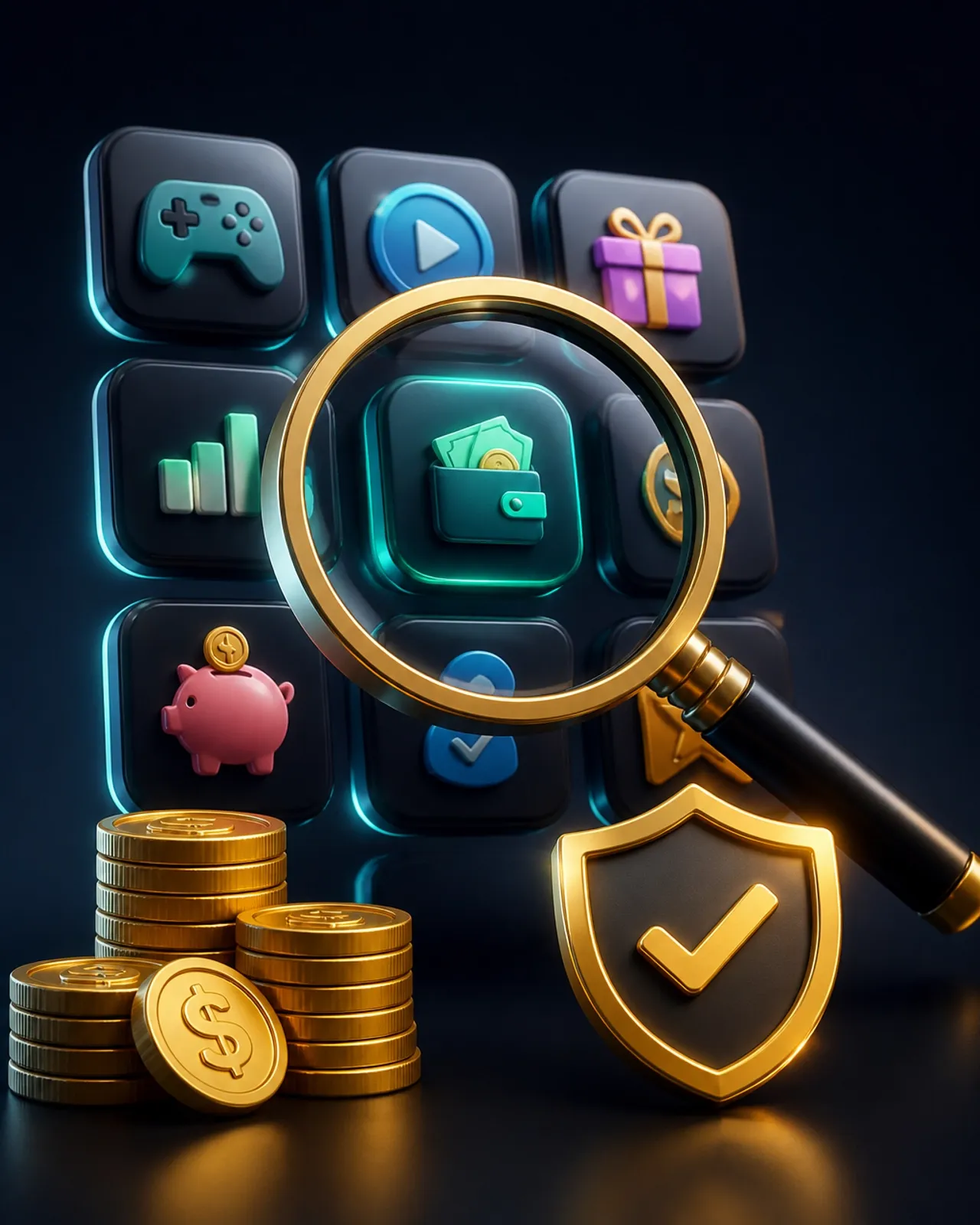 A magnifying glass inspecting app icons with a verified badge and gold coins
